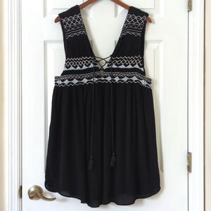Free People Simply Embroidered Yoke Sleeveless Lace Up V-neck Mini Dress Black L